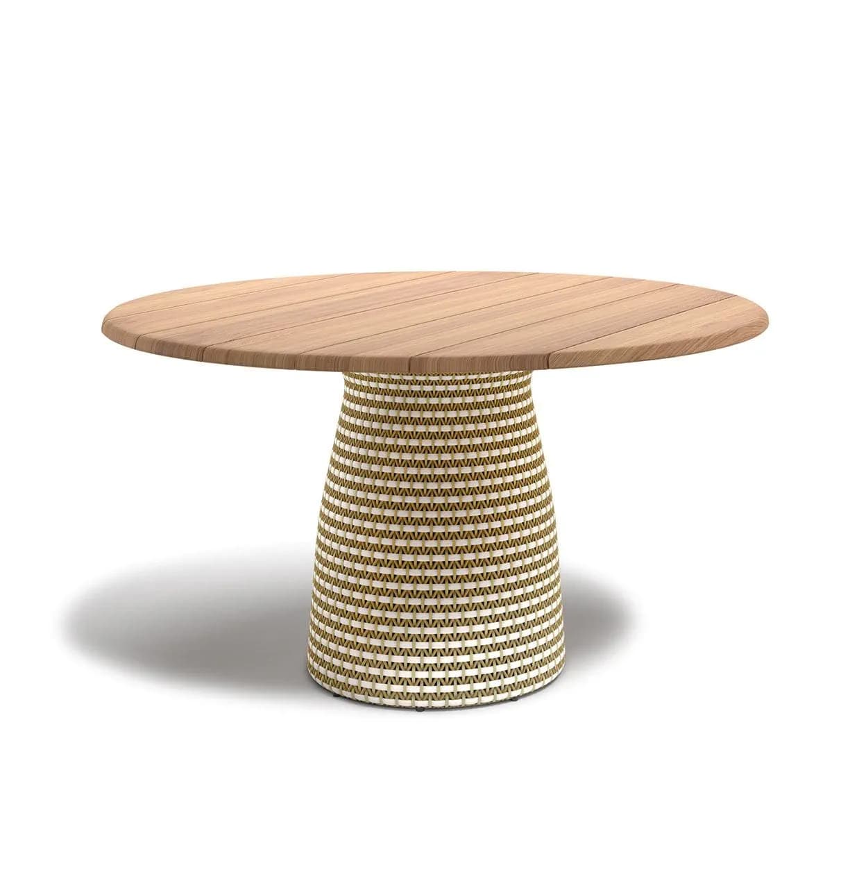A contemporary outdoor round dining table featuring a slatted wooden top and a distinctive tapered pedestal base covered in a two-tone woven pattern. — 3D model