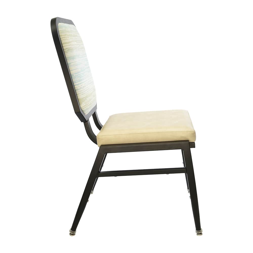 A contemporary metal banquet chair featuring a dark-colored metal frame with upholstered seat and ba… — 3D model