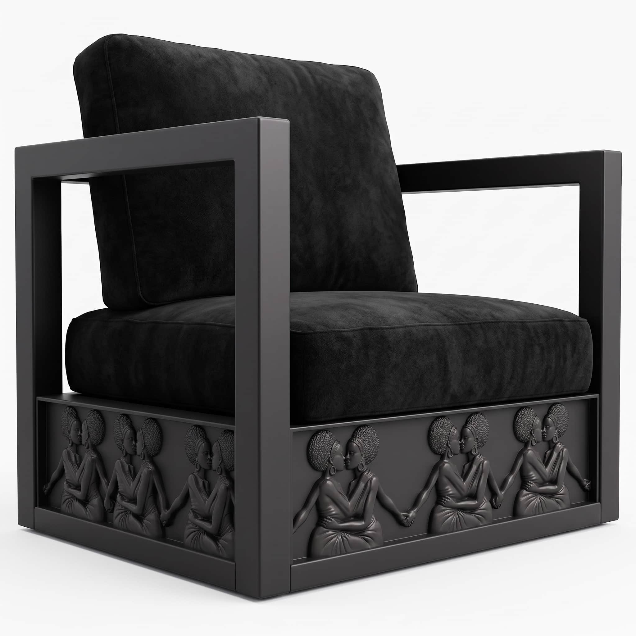 A contemporary armchair featuring a distinctive black velvet upholstery and a robust, geometric fram… — 3D model