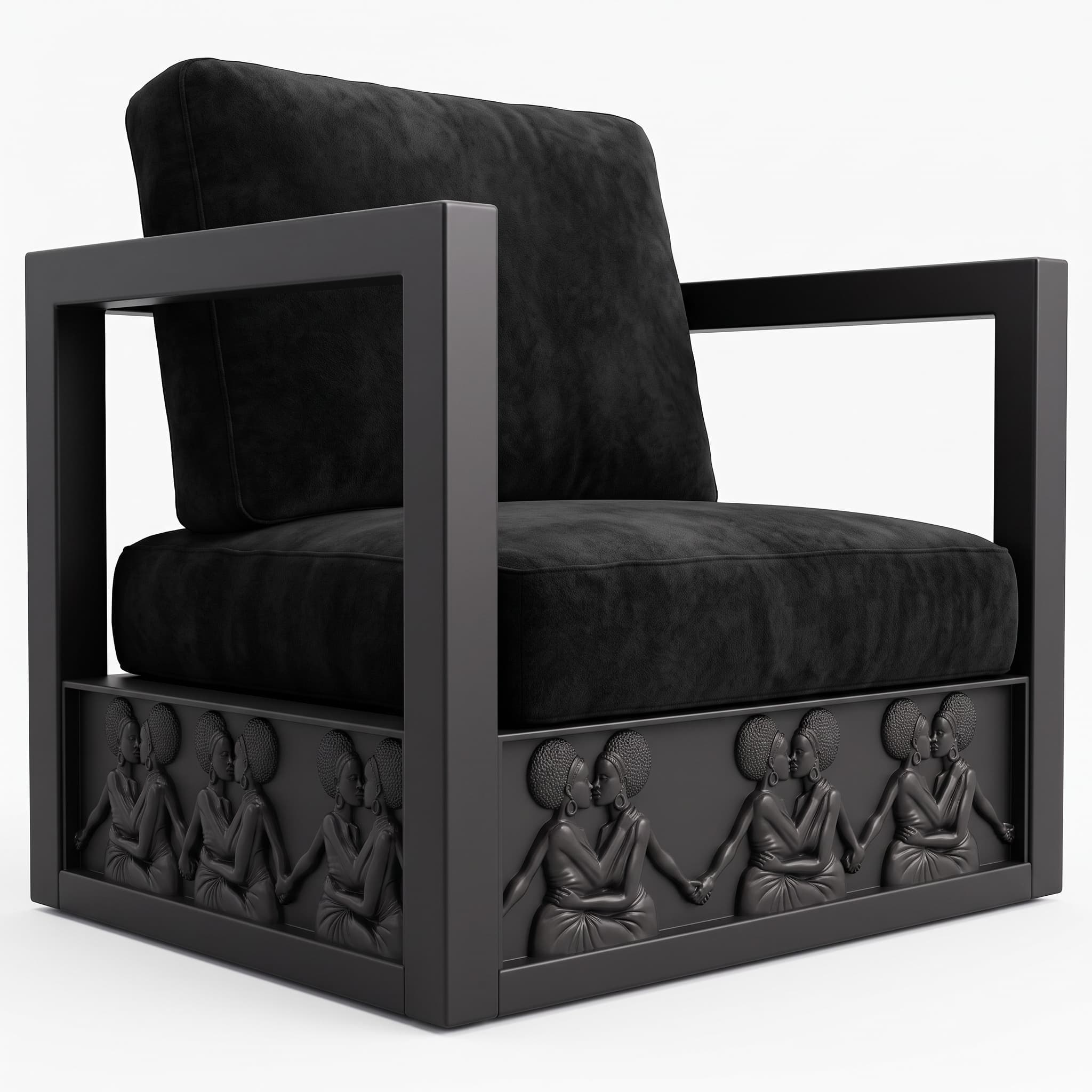 A contemporary armchair featuring a distinctive black velvet upholstery and a robust, geometric frame. The most striking element is the base, which is adorned with sculpted relief panels depicting multiple sets of embracing figures. The chair includes a plush backrest cushion and a seat cushion, both in matching black velvet, set within a dark, possibly black-painted wood or metal, rectangular frame that forms the arms and legs. — 3D model