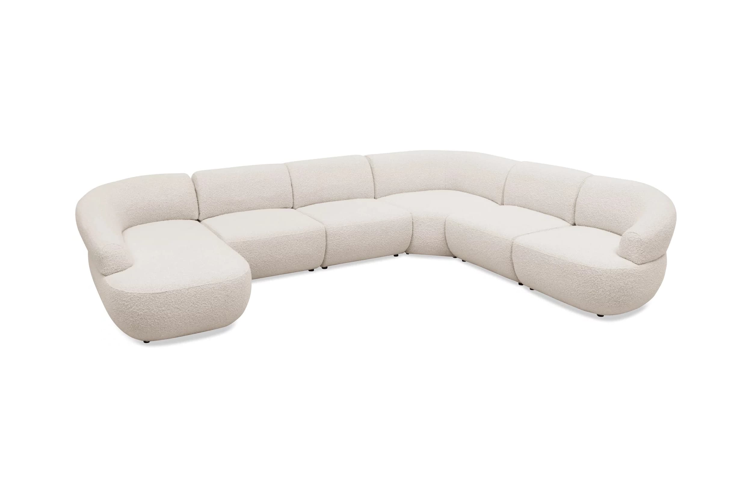 A large, contemporary modular sectional sofa comprised of multiple curved and straight upholstered sections, forming a U-shape. The sofa features a soft, textured boucle fabric in an off-white or cream color. Its design includes low-profile backrests and rounded arms on the end sections, contributing to an inviting and modern aesthetic. Each module appears to connect to create a customizable seating arrangement. — 3D model