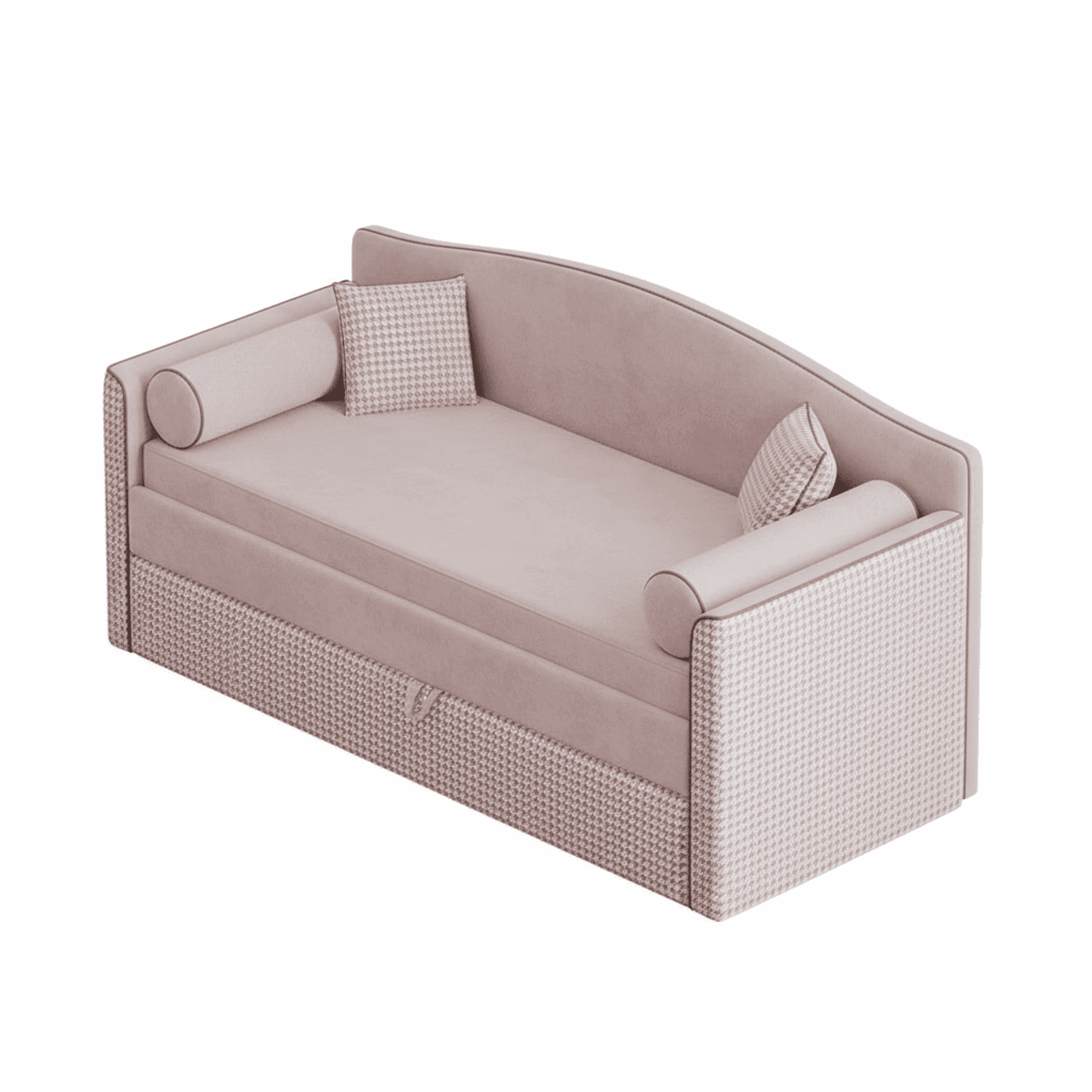 A blush pink upholstered daybed featuring an integrated pull-out trundle bed. It includes a curved backrest and two low, integrated armrests. The main body is covered in a smooth, light pink fabric, contrasted by a subtle houndstooth pattern on the lower front panel and the exterior of the armrests and back. It comes with two cylindrical bolster pillows and two square decorative pillows, all matching the overall color scheme and patterns. — 3D model