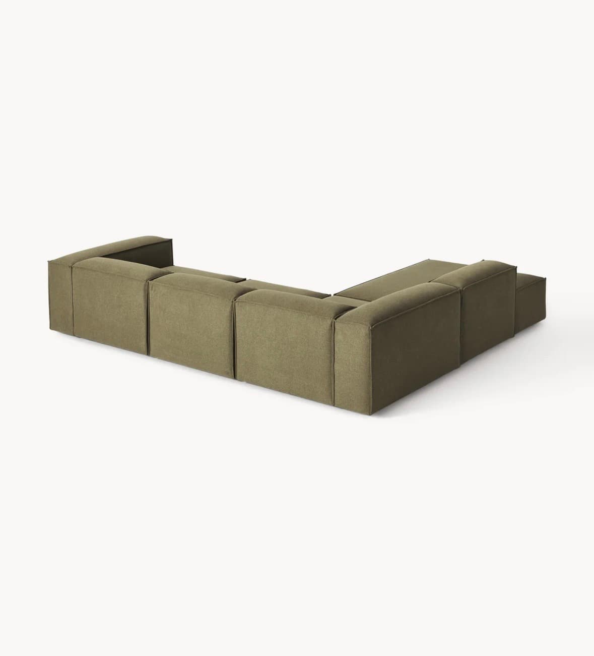 A sectional sofa with a modular design, featuring low-profile, block-like modules. It is upholstered in a textured, olive-green fabric and configured in an L-shape. The sofa has clean lines and a contemporary aesthetic, with visible seams separating the individual modules. The arms and backrests are integrated into the modular units. — 3D model
