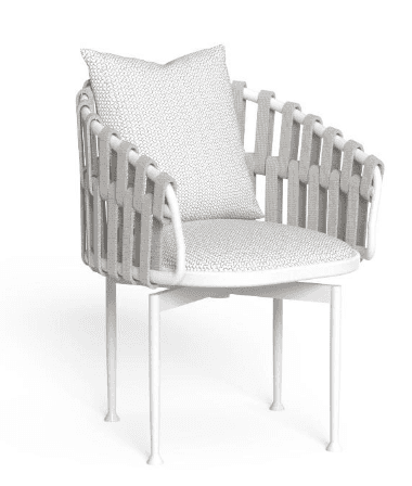 A modern accent armchair featuring a white metal frame, light grey woven fabric straps forming the b… — 3D model