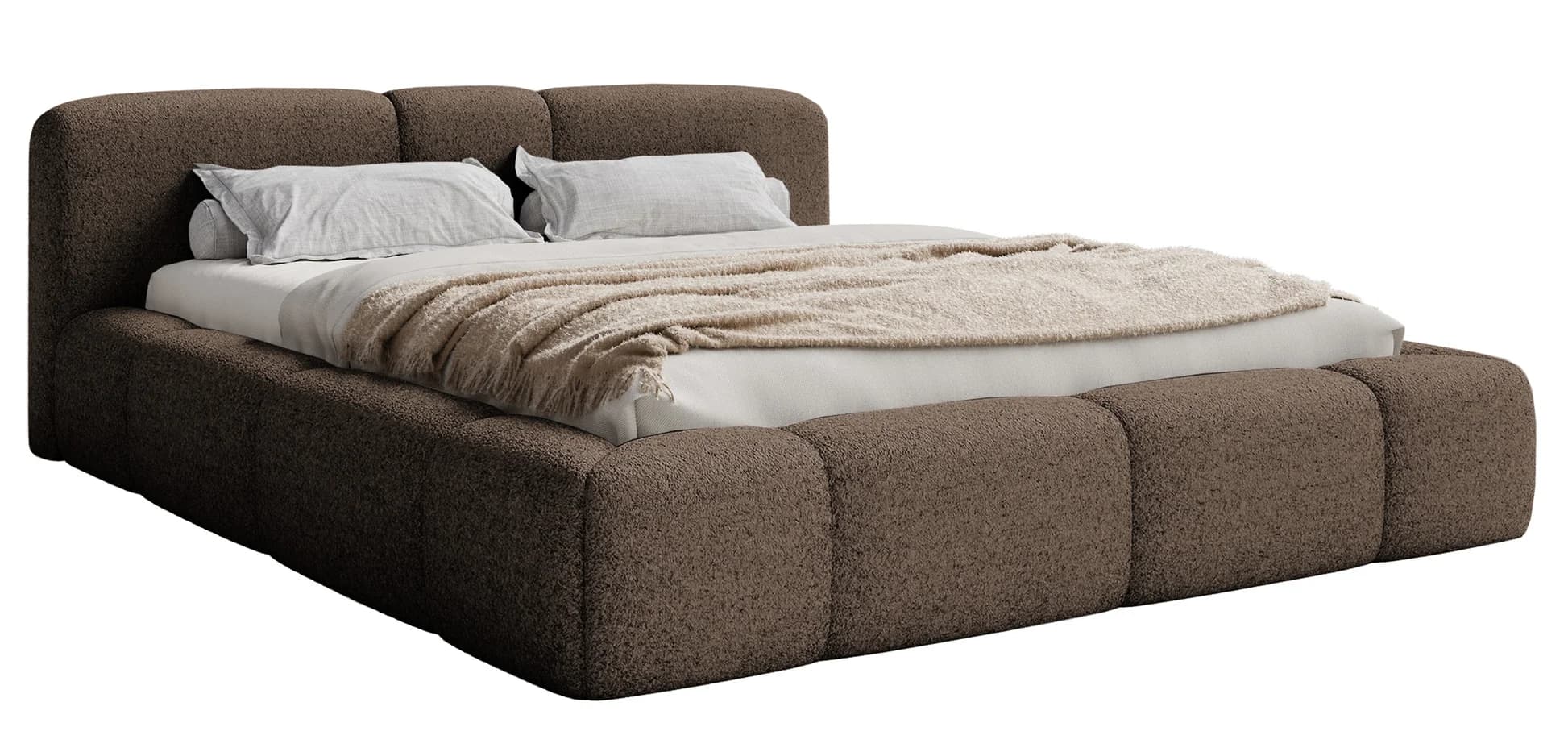 A contemporary low-profile platform bed upholstered in a dark brown bouclé-like fabric, featuring a softly rounded, segmented headboard and a thick, padded frame. The design emphasizes comfort and a plush aesthetic, with a mattress, pillows, and a throw blanket visible on the bed. — 3D model