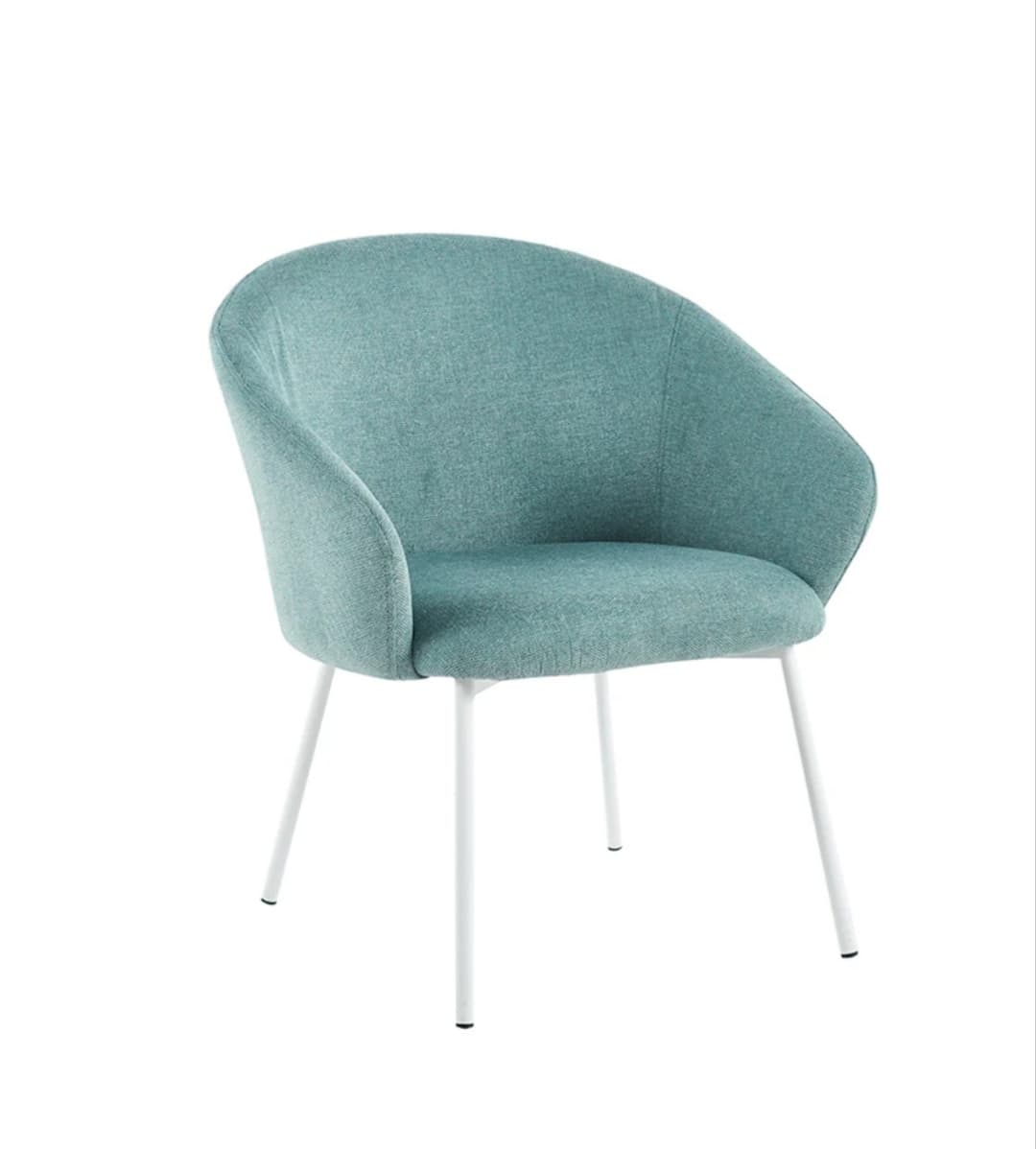 A contemporary tub-style accent chair featuring a curved, fully upholstered back and seat in a textured blue-green fabric, supported by four slender, splayed white metal legs. — 3D model