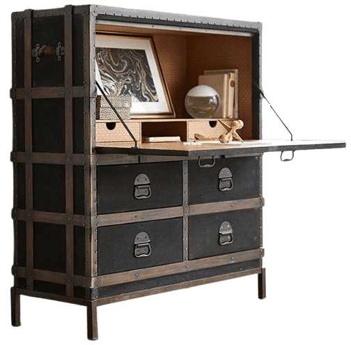 A campaign-style secretary desk designed to resemble a vintage travel trunk, featuring dark paneled surfaces, contrasting wood or metal strapping, and studded accents. The upper section opens downward to reveal a compact writing surface supported by metal stays, along with internal compartments for organization. Below the writing area are two integrated drawers with metal pull handles, all supported by a sturdy base with short, squared legs. — 3D model