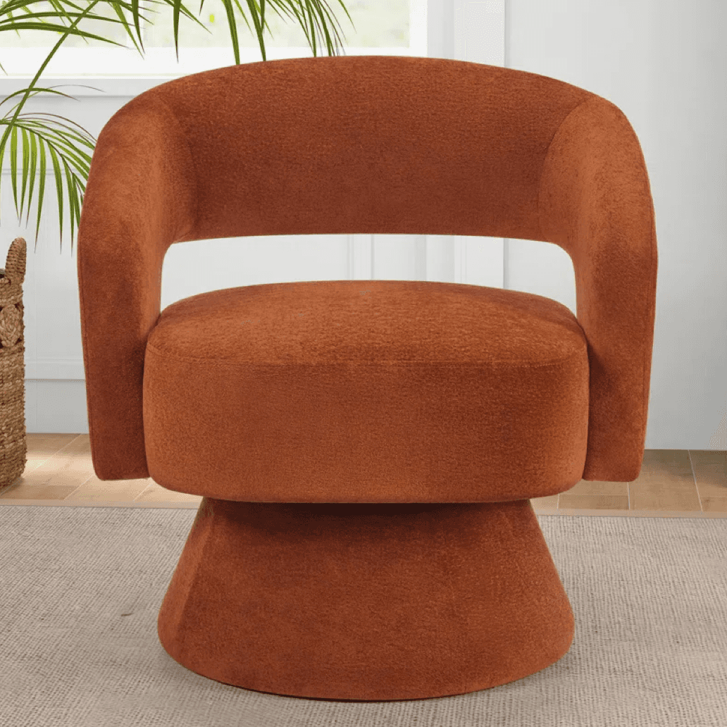 A modern armchair with a rounded silhouette and a swivel base. The armchair features upholstered cur… — 3D model