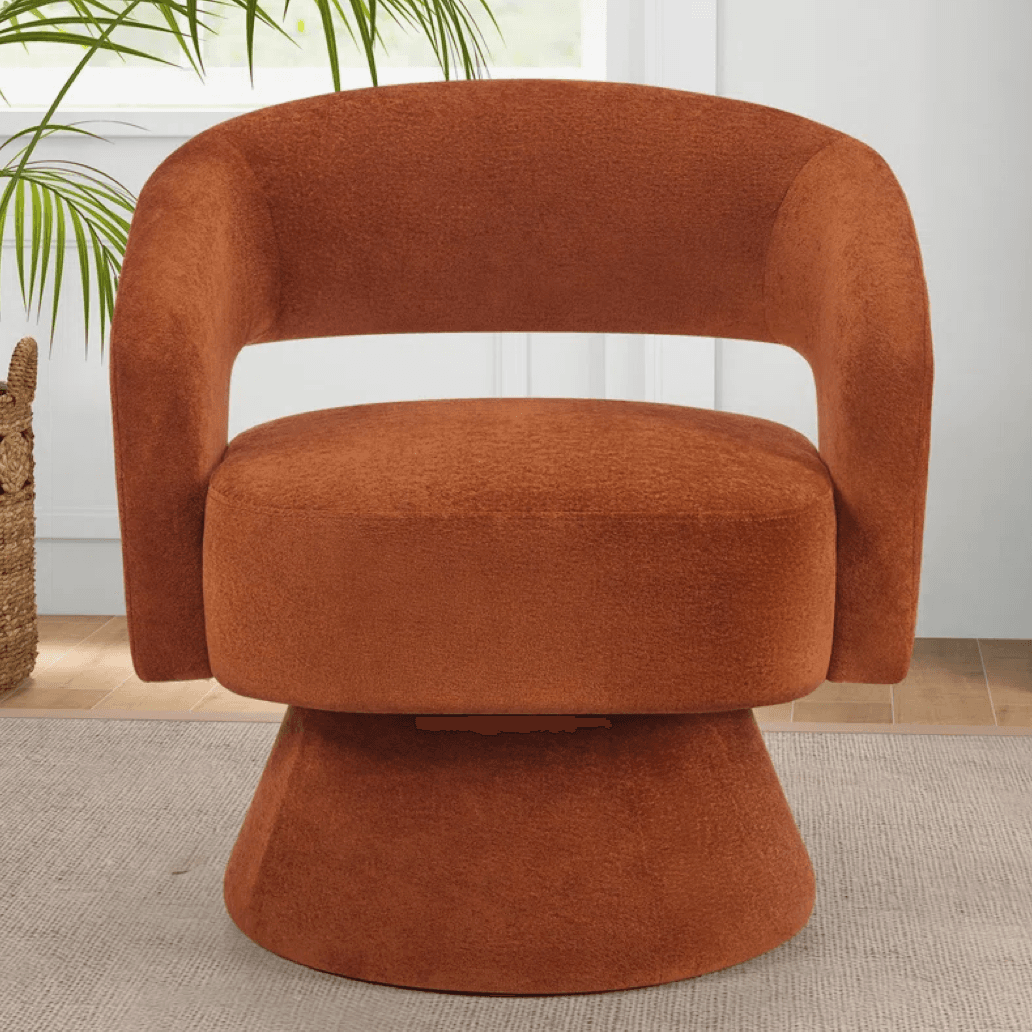 A modern armchair with a rounded silhouette and a swivel base. The armchair features upholstered curved arms that blend seamlessly into the backrest, creating a continuous, enveloping form. The seat and back are integrated into a single unit, and the piece rests on a flared, disc-like swivel base. — 3D model