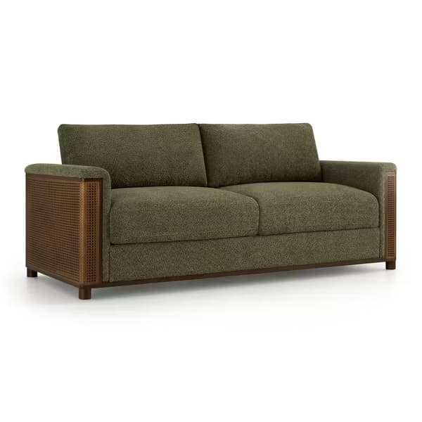 A contemporary two-seater sofa featuring olive green textured upholstery, dark wood frame, and distinctive cane webbing panels on the armrests, presented on a white background. — 3D model