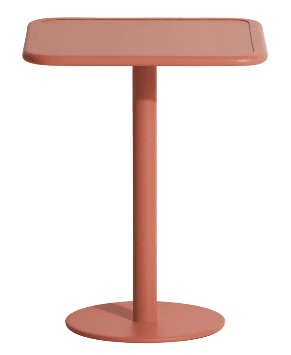 A modern side table with a square top featuring rounded corners. It has a single, cylindrical pedest… — 3D model
