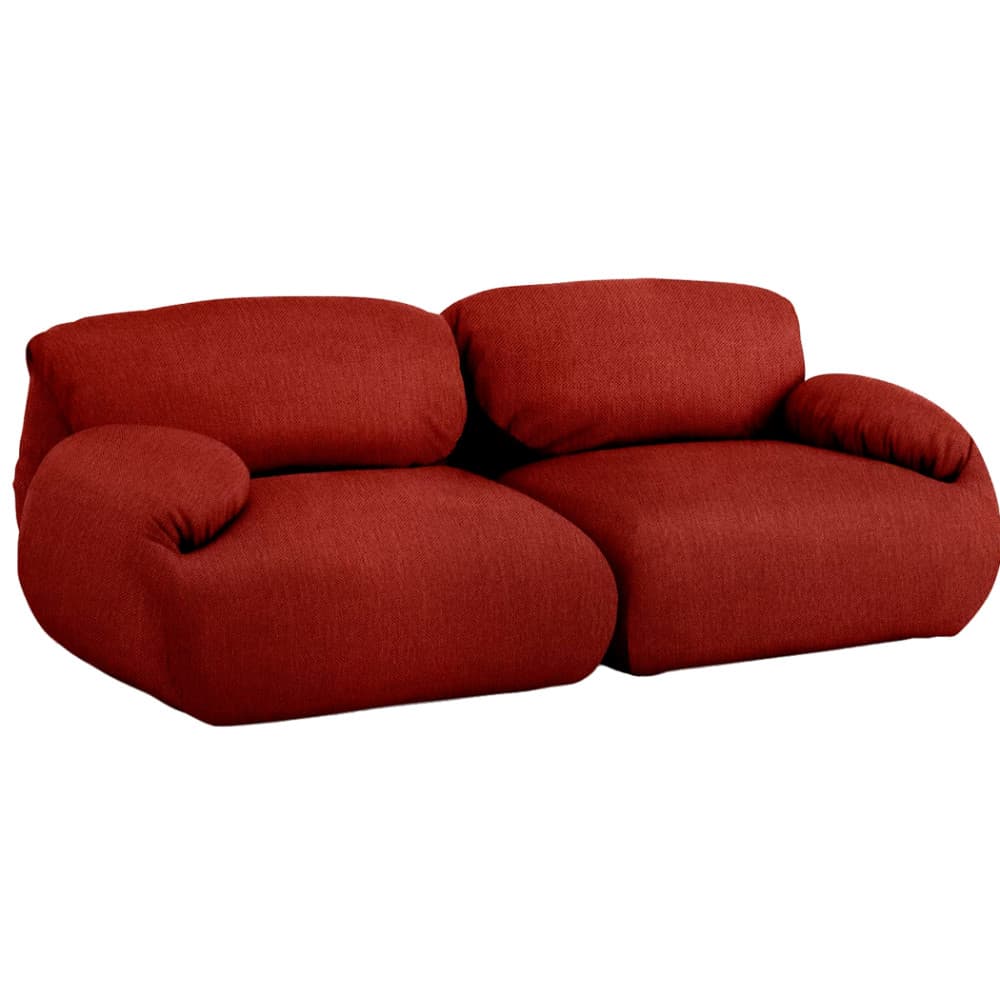 A modular two-seater sofa with a rounded, low-profile design. It features plush, overstuffed cushions for the seat and back, with integrated armrests that curve outwards. The upholstery appears to be a textured fabric. — 3D model