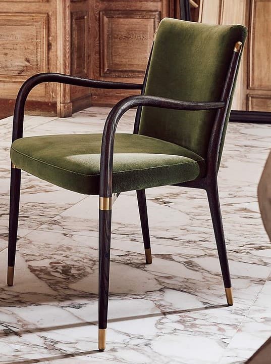 A modern upholstered armchair featuring a dark bentwood frame, green fabric upholstery, and decorative brass accents on the legs and frame joints. The chair has curved armrests and tapered legs. — 3D model