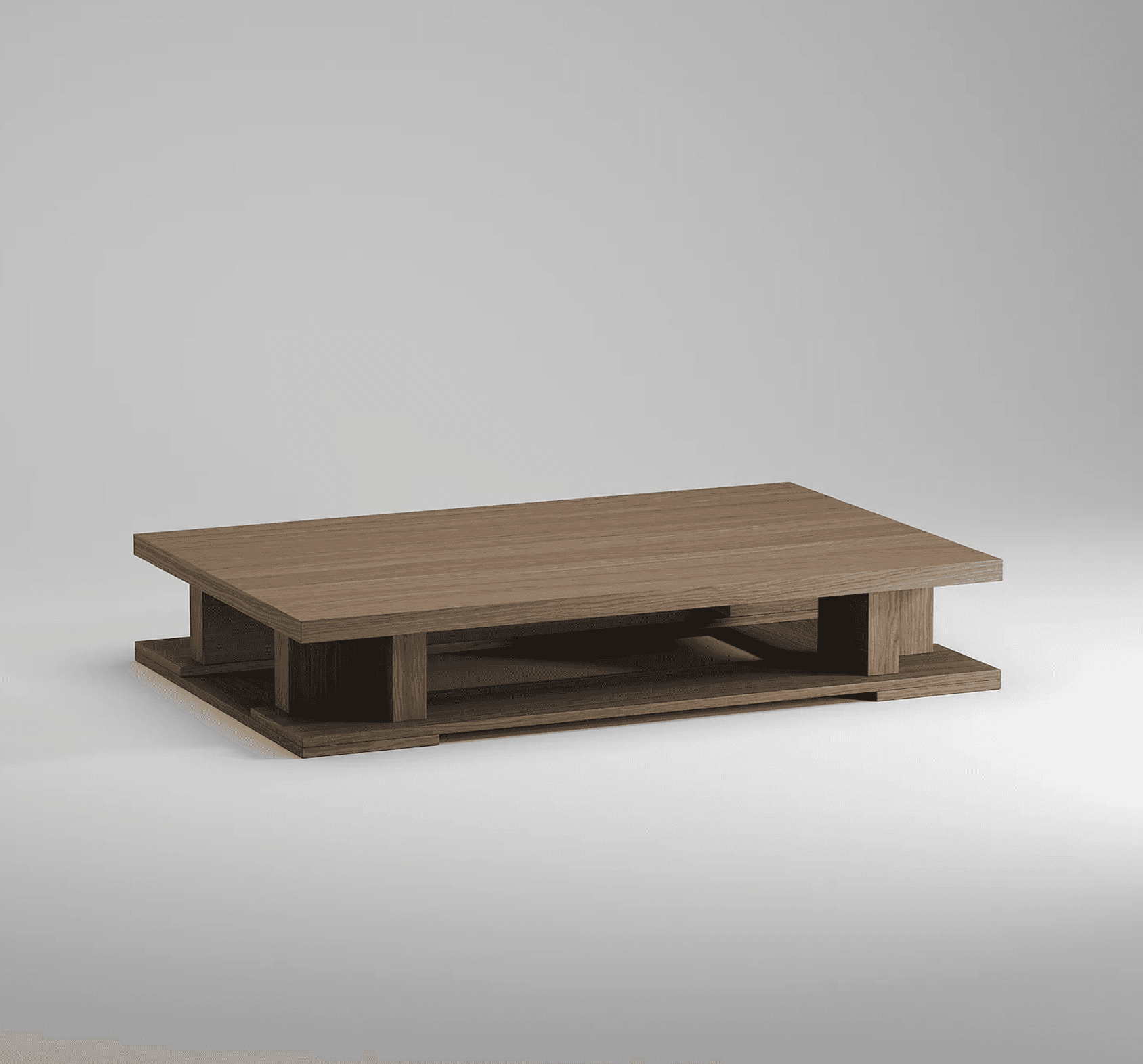 A rectangular, low-profile coffee table with a multi-tiered design, featuring a prominent wood grain… — free GLB 3D model