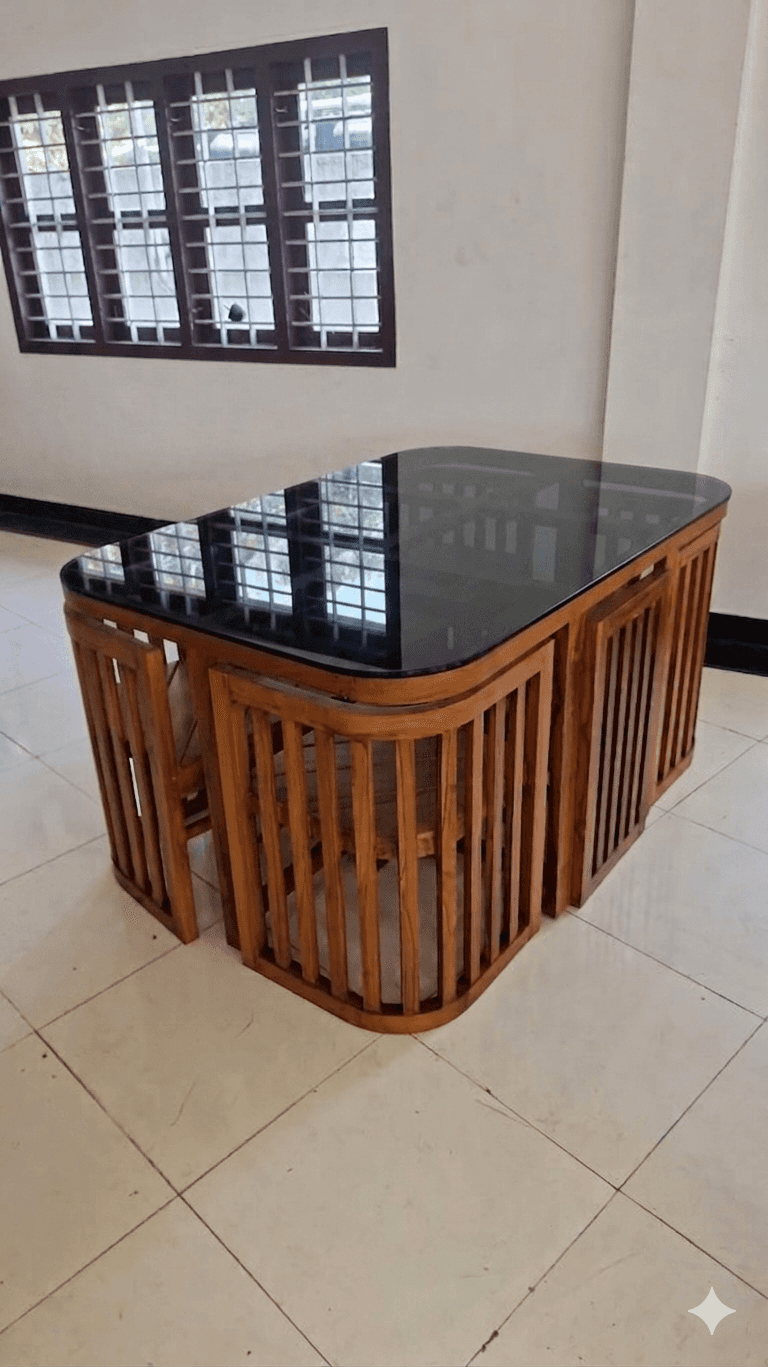 A modern dining table with a dark glass top and a slatted wooden base. The base has a rounded, cage-… — free GLB 3D model