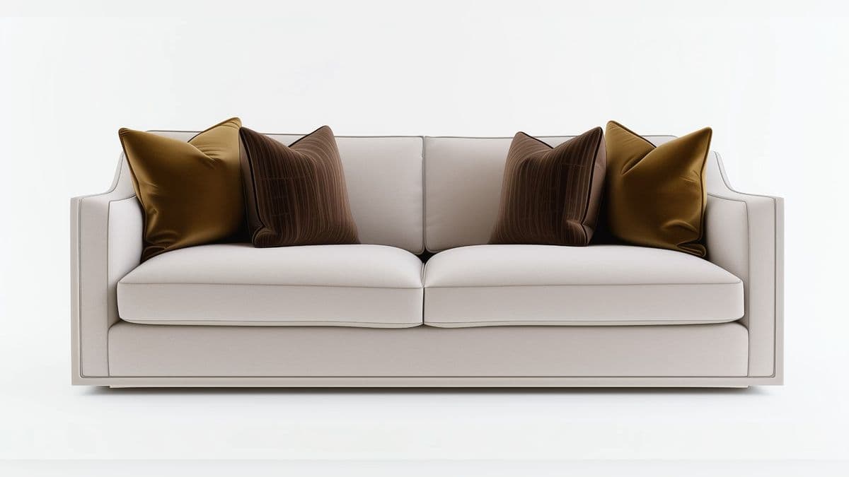 A modern, off-white sofa with two seat cushions and a split back. It features a sleek design with subtle piping along the edges and is adorned with four throw pillows: two in a mustard yellow velvet and two in a dark brown ribbed fabric. The sofa has a low profile and is presented against a white background. — 3D model