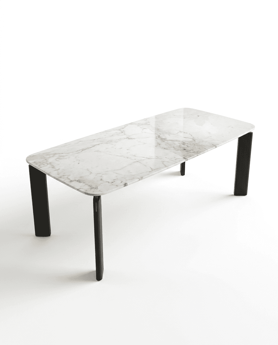 A rectangular dining table with a polished marble top featuring intricate veining. The tabletop has slightly rounded corners. It is supported by four dark-colored legs, two of which appear to be straight and the other two are slightly angled inwards towards the center of the table, with subtle metallic accents at their upper junctions. — 3D model
