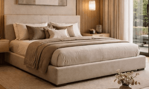 A contemporary upholstered platform bed featuring a clean-lined design, upholstered in a light beige… — free STL 3D model