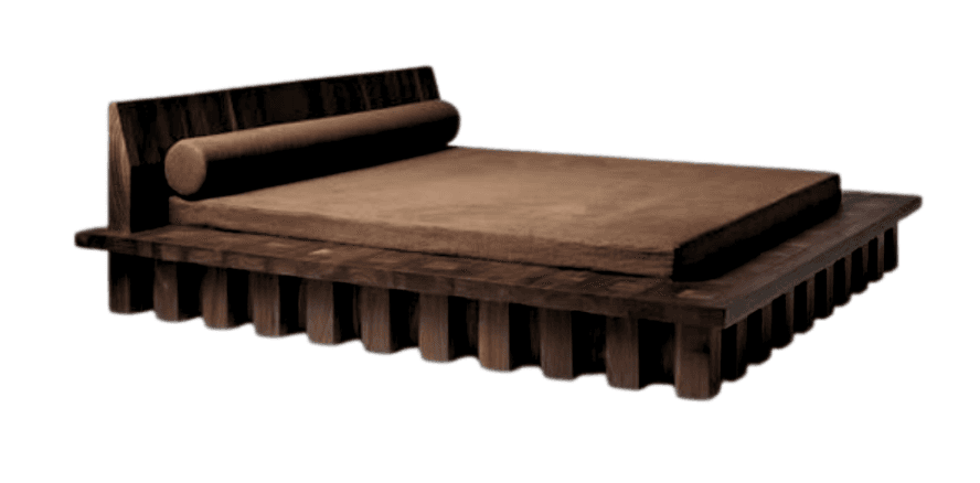 A minimalist daybed featuring a dark-stained solid wood frame with a distinctive slatted or grooved platform base. It includes an integrated vertical backrest panel on one side, accompanied by a long, cylindrical bolster pillow in a light brown fabric. The sleeping surface is covered by a low-profile brown mattress or cushion, sitting directly on the robust wooden platform. — 3D model