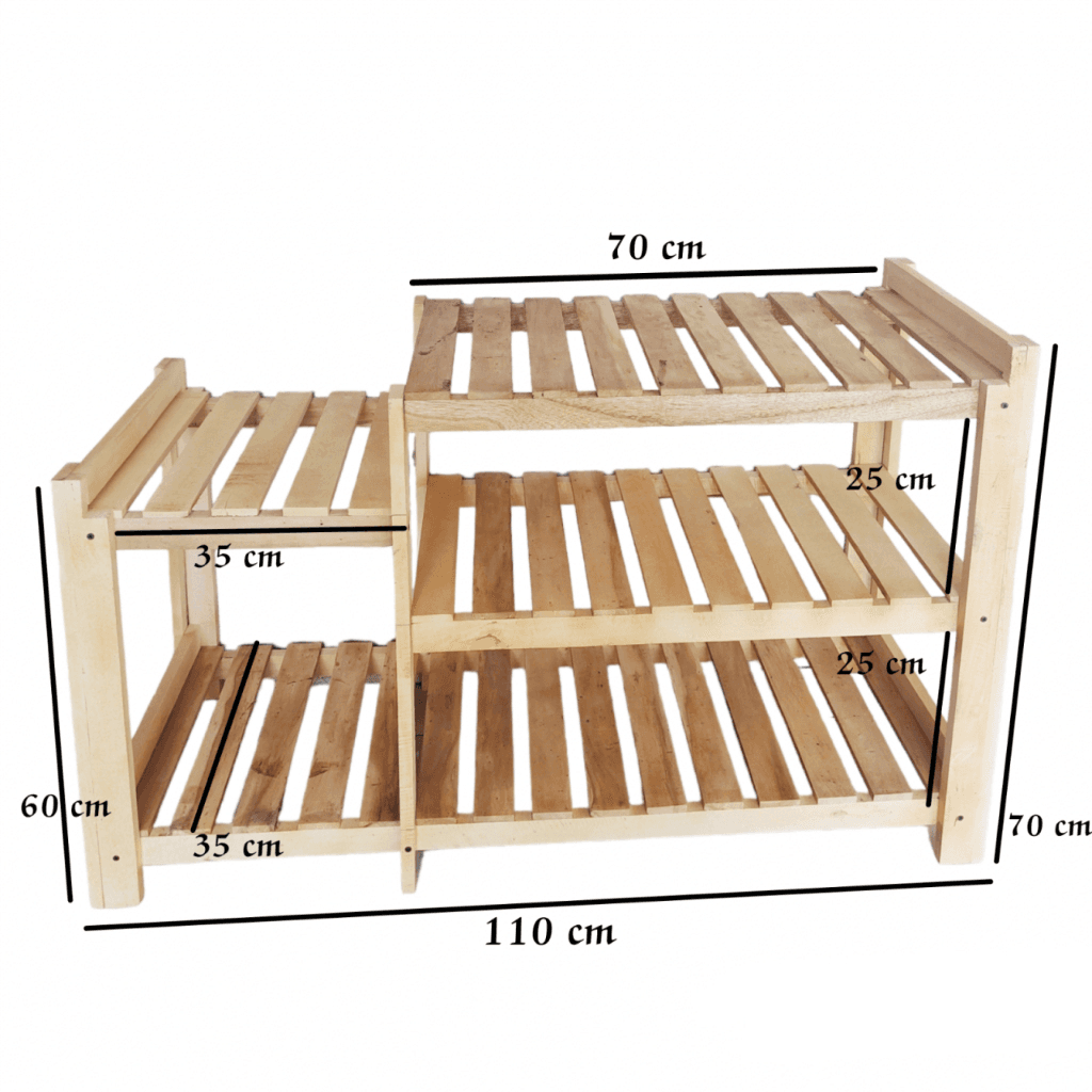 A multi-level, light wood shoe rack featuring slatted shelves and a stepped design, suitable for organizing footwear. — 3D model