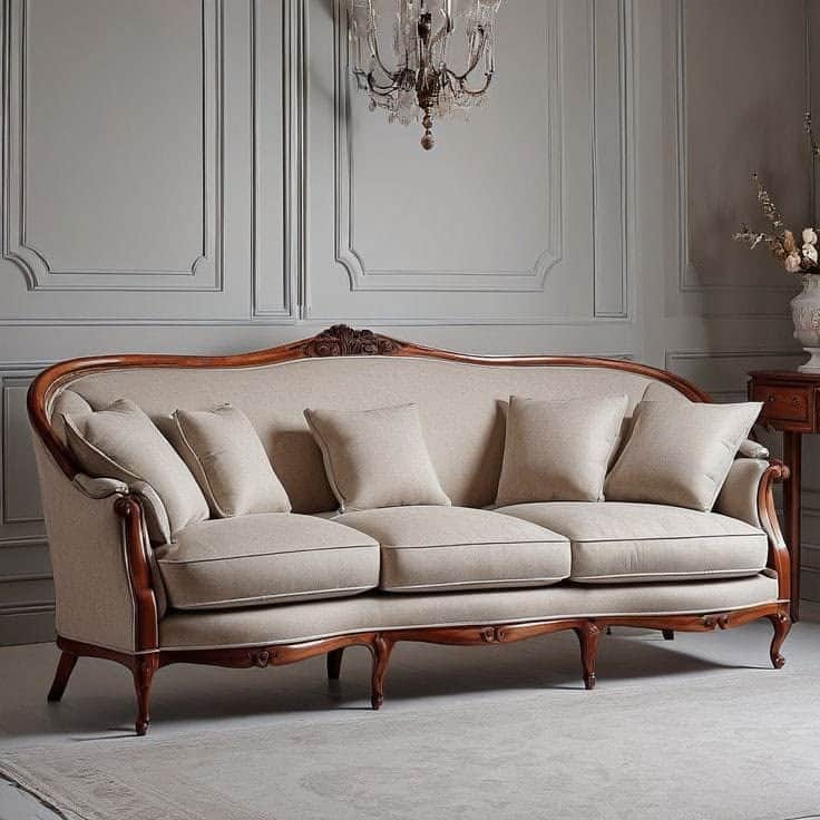A Louis XVI style sofa featuring an exposed, intricately carved wooden frame with a warm brown finis… — 3D model