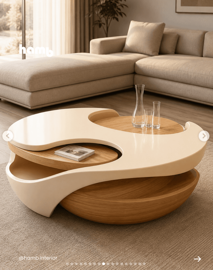 A modern two-tier coffee table featuring a sculptural, organic design with swiveling circular tops.… — 3D model