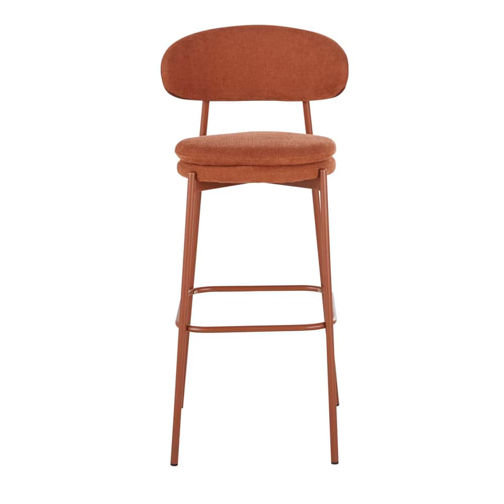 A bar stool with a slightly curved backrest and a padded seat. The frame is constructed from metal t… — 3D model