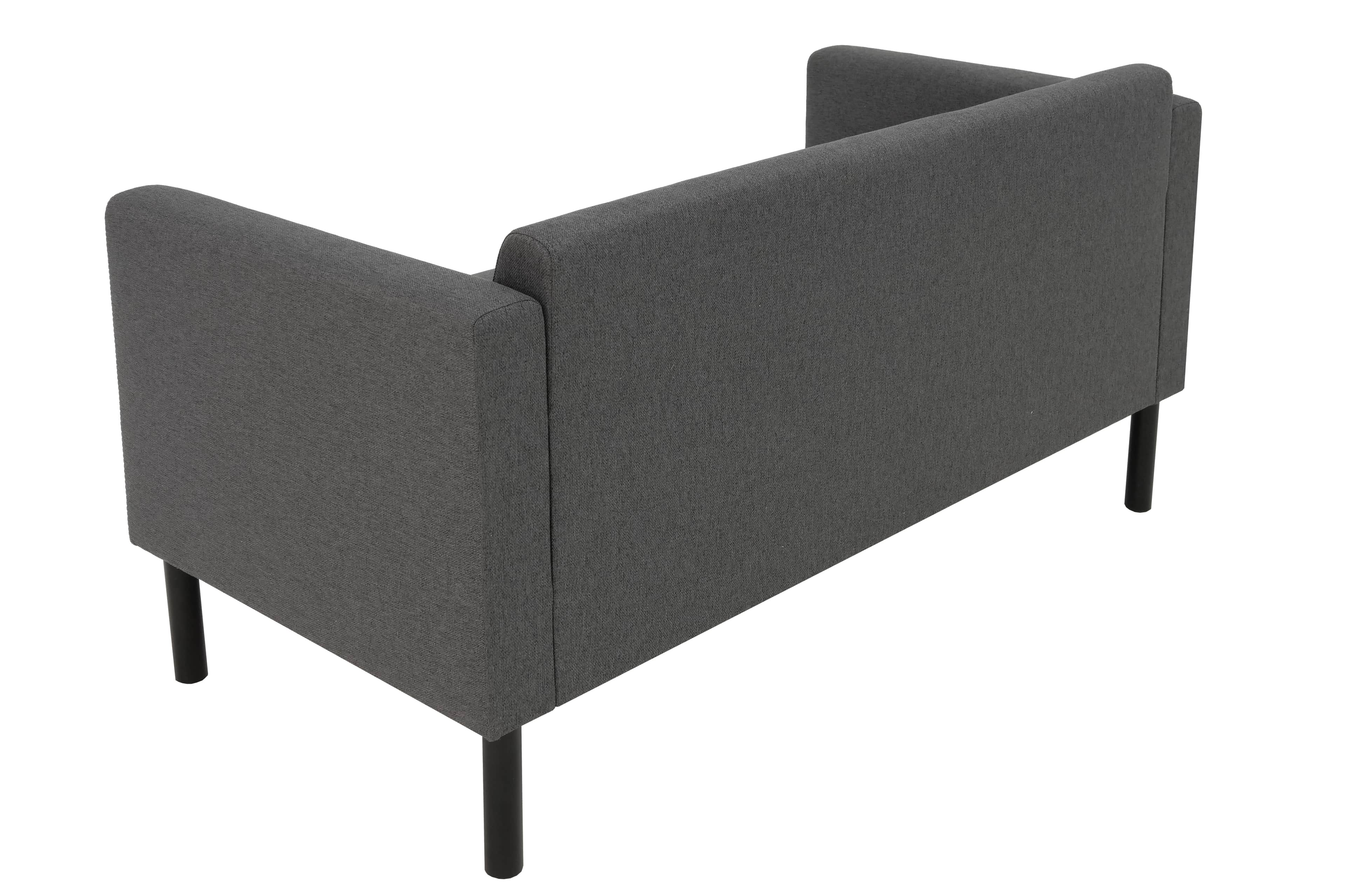 A modern two-seater loveseat upholstered in dark gray fabric, featuring integrated low-profile arms… — 3D model