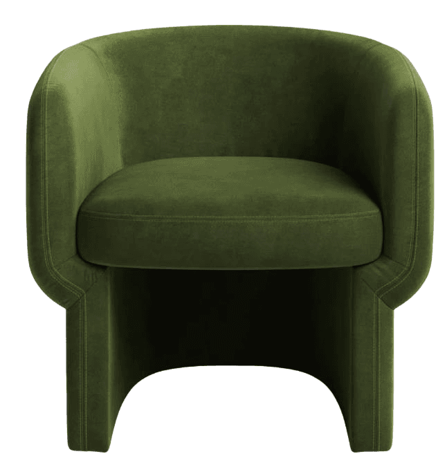 A plush, rounded armchair upholstered in a soft, olive green velvet fabric. The chair features a continuous, curved backrest that extends into integrated armrests. The seat cushion is well-defined with visible stitching. The base of the chair is solid and integrated with the armrests, forming a U-shaped support structure with rounded edges and visible seam detailing. — 3D model