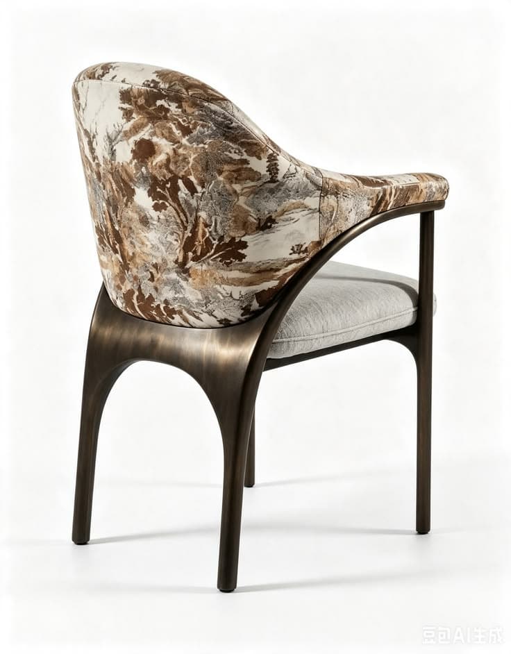 A contemporary armchair featuring a distinctive sculptural bronze-toned metal frame and a combination of patterned and plain upholstery. The curved backrest and armrests are integrated into a single upholstered shell, covered in a mottled brown, grey, and cream organic pattern. The seat cushion is a separate, light grey fabric. The unique metal frame forms the front and back legs, with the back legs showcasing a prominent arched design. — 3D model