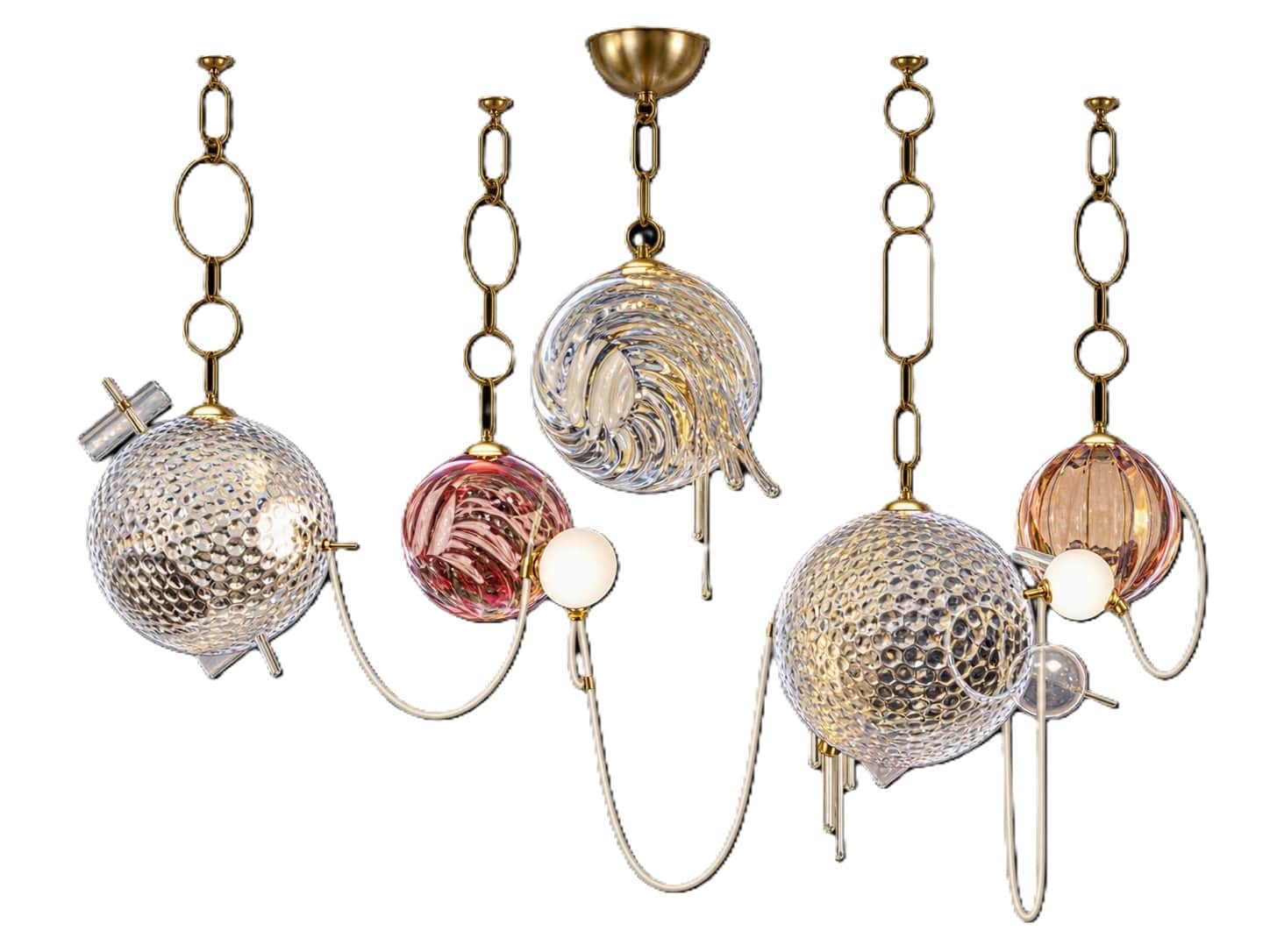 A contemporary chandelier featuring multiple glass spheres in varying sizes, colors, and textures, s… — 3D model