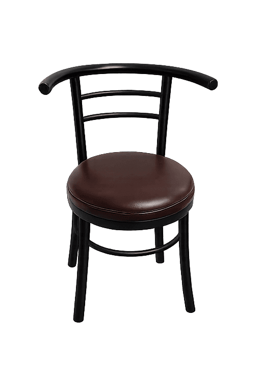 A contemporary dining chair featuring a matte black metal frame and a round, cushioned brown upholst… — free GLB 3D model