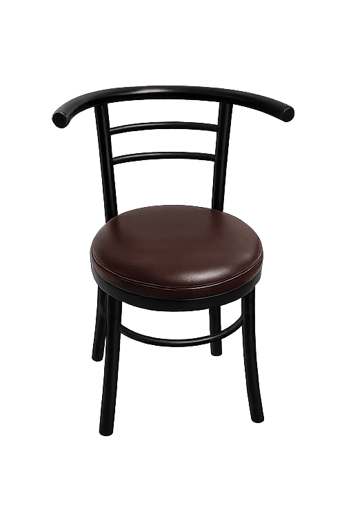 A contemporary dining chair featuring a matte black metal frame and a round, cushioned brown upholstered seat. The backrest is curved with a rounded top rail and two horizontal metal slats providing support. The legs are slender, tapering slightly towards the bottom, and are also made of black metal. — 3D model