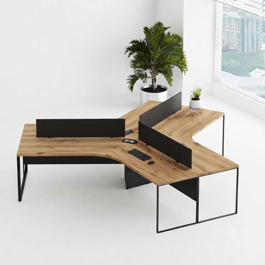 A modern four-person modular office workstation featuring light wood-look laminate tops and a black powder-coated metal framework. The configuration creates individual workspaces with integrated privacy screens. A small potted plant is placed on one of the desks. — 3D model