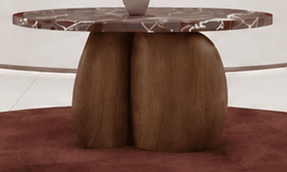 A sculptural round coffee table featuring a reddish-brown marble top with white veining, supported by three robust, organically shaped wooden legs with a distinct wood grain. — 3D model