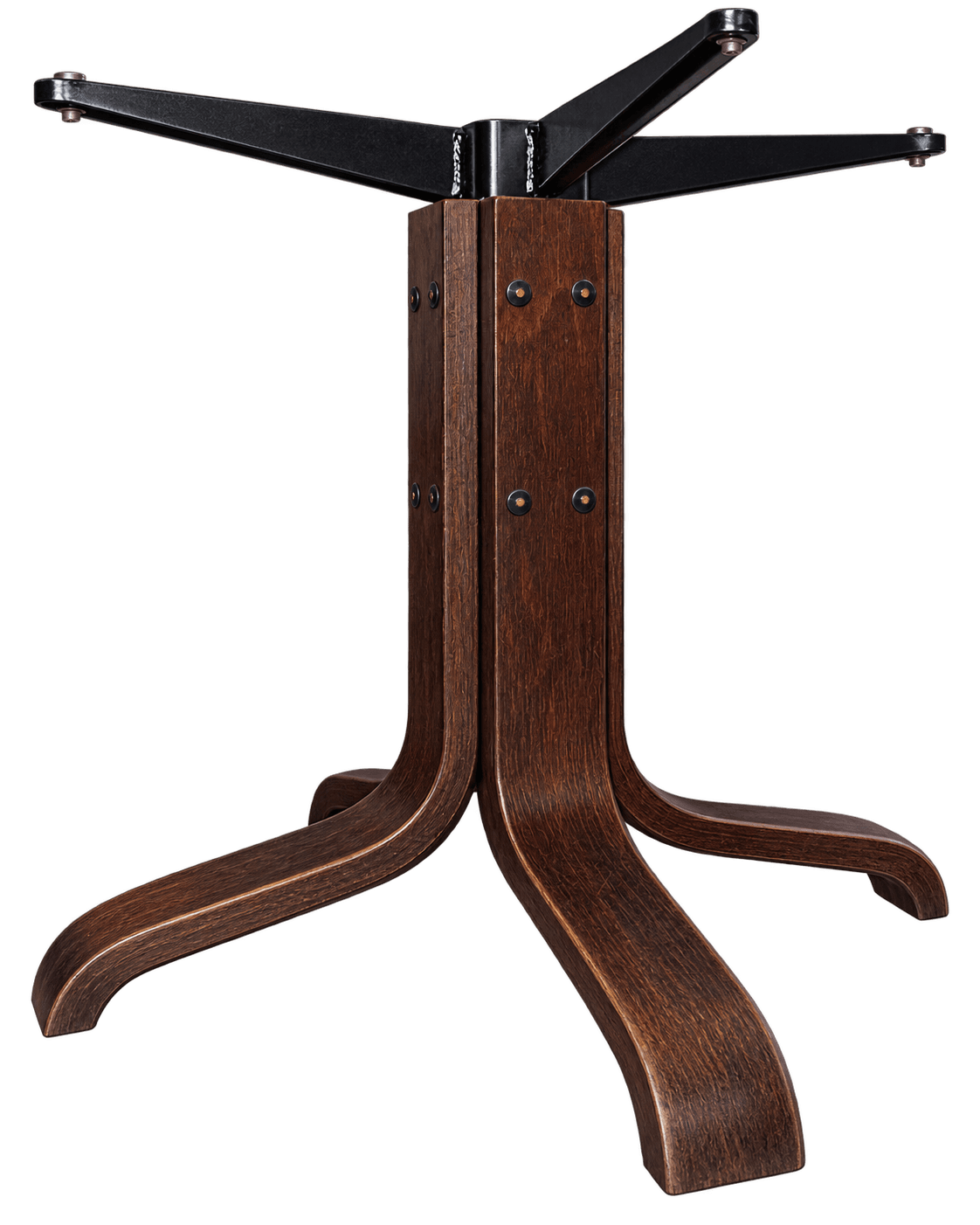 A robust pedestal table base featuring a central column made of dark-stained hardwood planks, secured with visible metallic fasteners. Four gracefully curved wooden legs splay outwards from the base, providing stability. A black metal spider bracket with four arms is mounted on top for attaching a tabletop. — 3D model