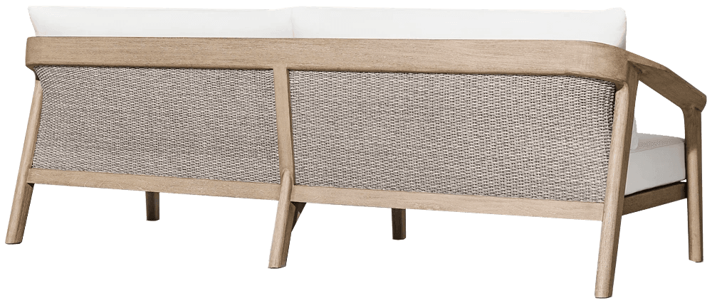 A contemporary outdoor sofa featuring a light-toned wooden frame with a distinct woven backrest. The frame includes gently curved armrests and sturdy, tapered legs. The back panels are made of a finely woven, neutral-colored material, likely synthetic for weather resistance. Plush white cushions are partially visible, suggesting comfortable seating. — 3D model