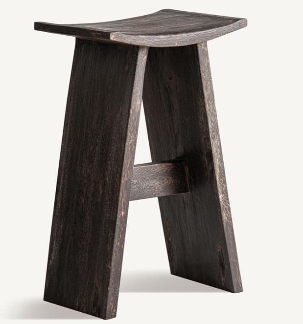 A dark, possibly ebonized, wood stool featuring a curved saddle-shaped seat and a minimalist A-frame structure composed of two wide, splayed leg panels connected by a single horizontal crossbar. — 3D model