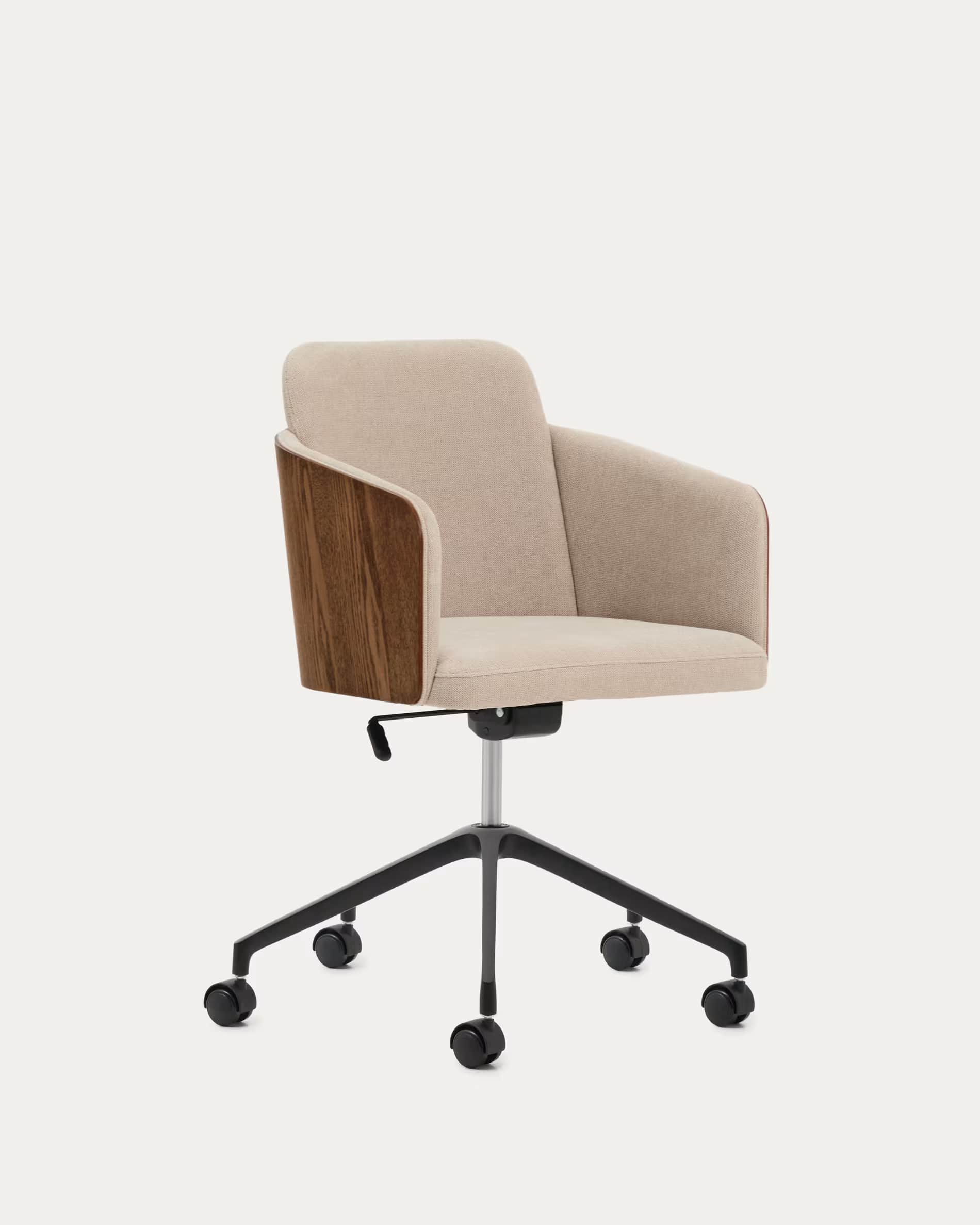 A modern swivel office armchair featuring a cushioned seat and backrest upholstered in light beige f… — 3D model