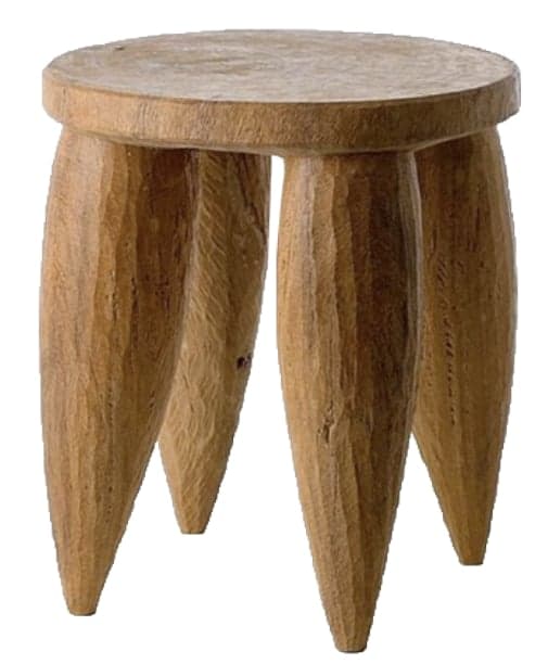 A small, rustic wooden stool with a round top and three stout, roughly carved legs. — 3D model