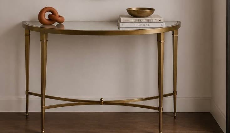 An elegant demi-lune console table featuring a polished brass frame and a clear glass top, designed to fit against a wall. — 3D model