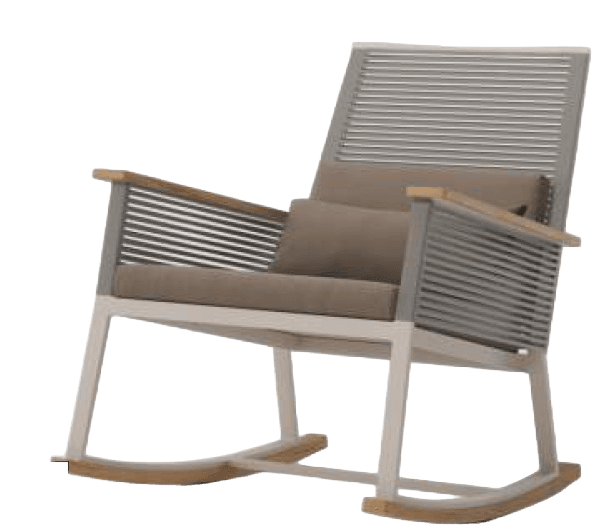 A modern rocking chair featuring a light-colored frame, horizontal slatted back and sides, wooden armrests, and upholstered cushions in a neutral taupe color. The rocking base is made of wood. — 3D model