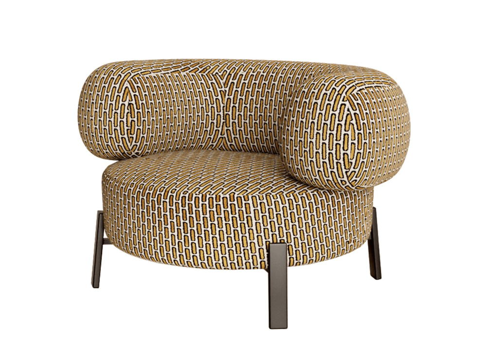 A contemporary armchair with a rounded silhouette, featuring a fully upholstered body and a distinctive geometric pattern. The armchair has a high, curved backrest that wraps around the sides and a deeply cushioned seat. It is supported by four slim, dark-colored legs with a rectangular profile. — 3D model