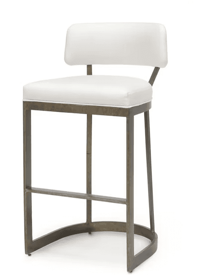 A modern bar stool featuring an aged brass metal frame and white upholstered seat and backrest, with a distinctive U-shaped sled base. — 3D model