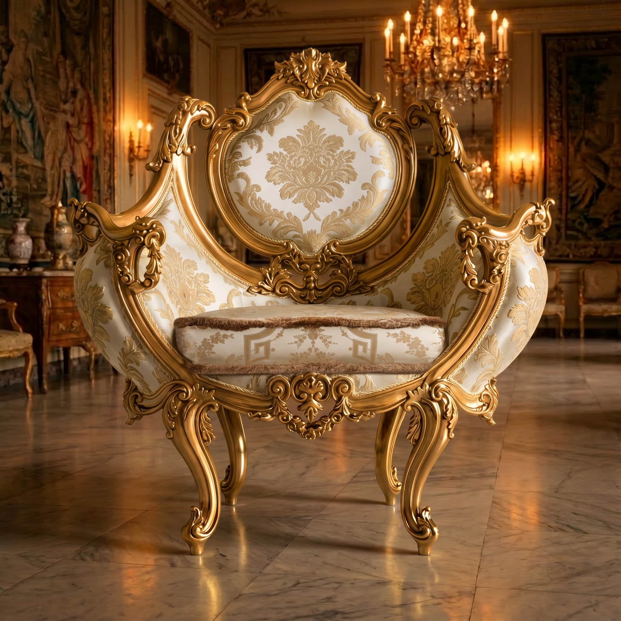 An ornate armchair with a gilded wood frame and upholstered seating and back. The frame features ela… — free BLEND 3D model