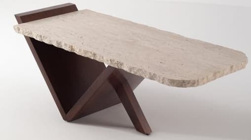 A coffee table featuring a thick, rectangular top made of natural travertine with rough, organic edges, supported by a dark wood base with an abstract, geometric 'Z' or V-shaped design. The base provides a stable and sculptural foundation for the heavy stone top. — 3D model