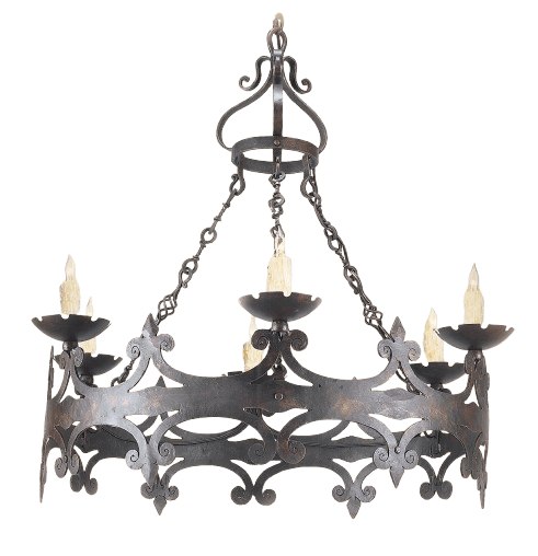A circular chandelier constructed from dark, wrought metal. It features an ornate, gothic-inspired design with decorative scrollwork and fleur-de-lis motifs. The chandelier supports six candle-style light bulbs, each housed in a scalloped bobeche. A heavy chain suspends the fixture from a decorative crown-like mounting at the top. — 3D model