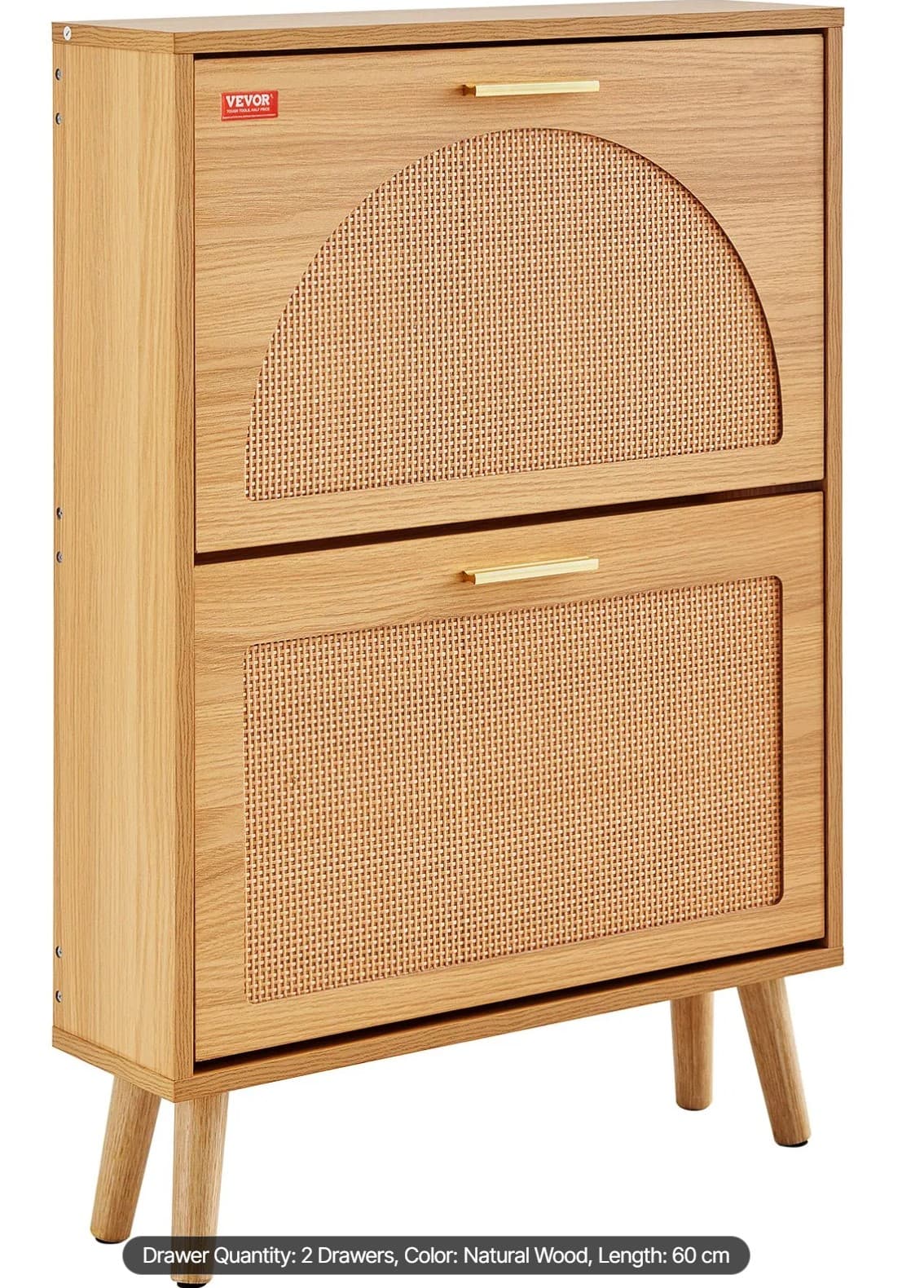 A two-drawer cabinet constructed from light-colored wood, featuring cane-woven panels on the drawer fronts. It is supported by four tapered wooden legs. The top drawer has a distinctive arched cane panel, while the bottom drawer has a rectangular cane panel. Each drawer is equipped with a thin, brushed gold-tone handle. — 3D model