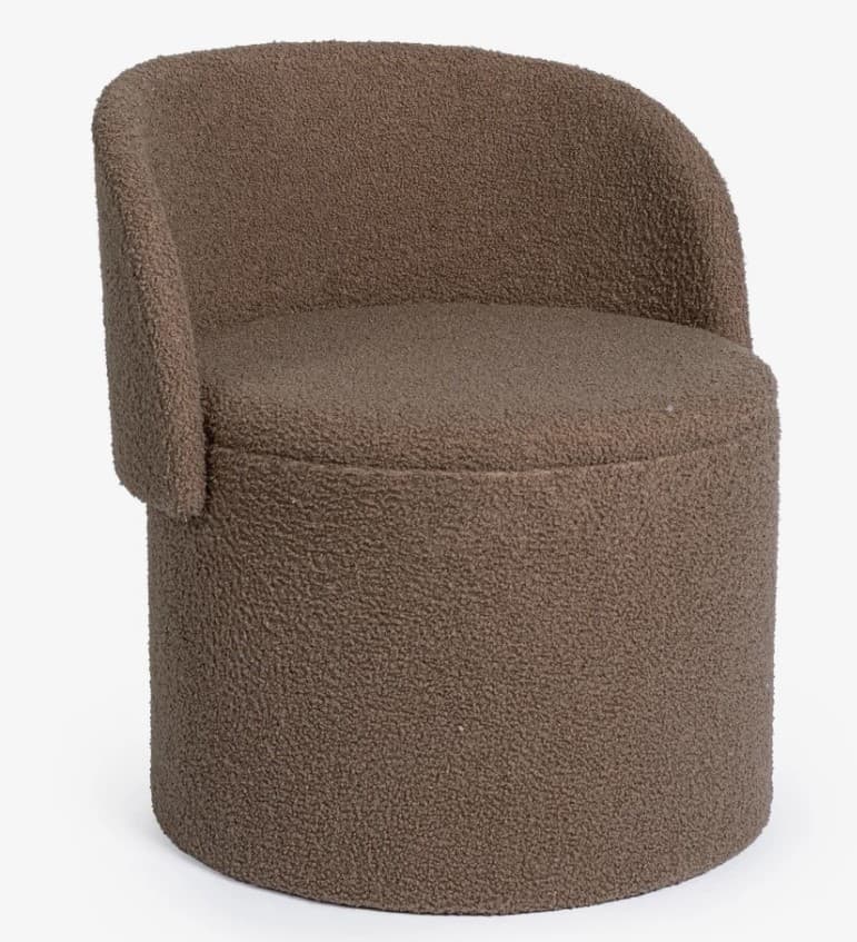 A compact, contemporary barrel-shaped accent chair upholstered in a textured brown bouclé fabric. The chair features a continuous, gently curved backrest that flows into integrated armrests, and rests upon a fully upholstered cylindrical base, giving it a solid and cohesive appearance. — 3D model