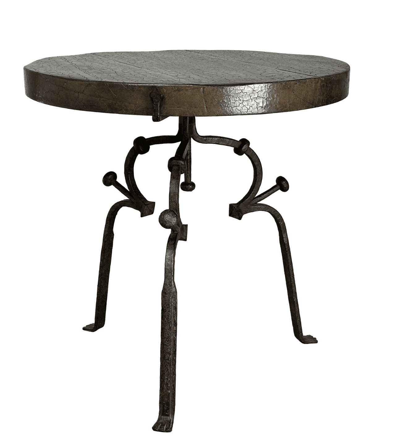 A small, round accent table featuring a dark, hammered metal tabletop with a visibly crackled textur… — 3D model